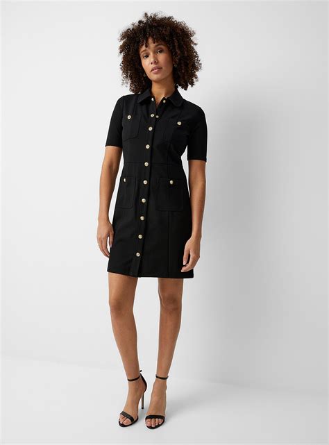 michael kors black dress with gold studs|Michael Kors golden button dress.